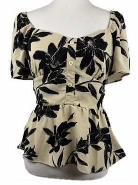 Black & Tan Floral Babydoll Fitted Peplum Top Size S Milkmaid Coquette Feminine
